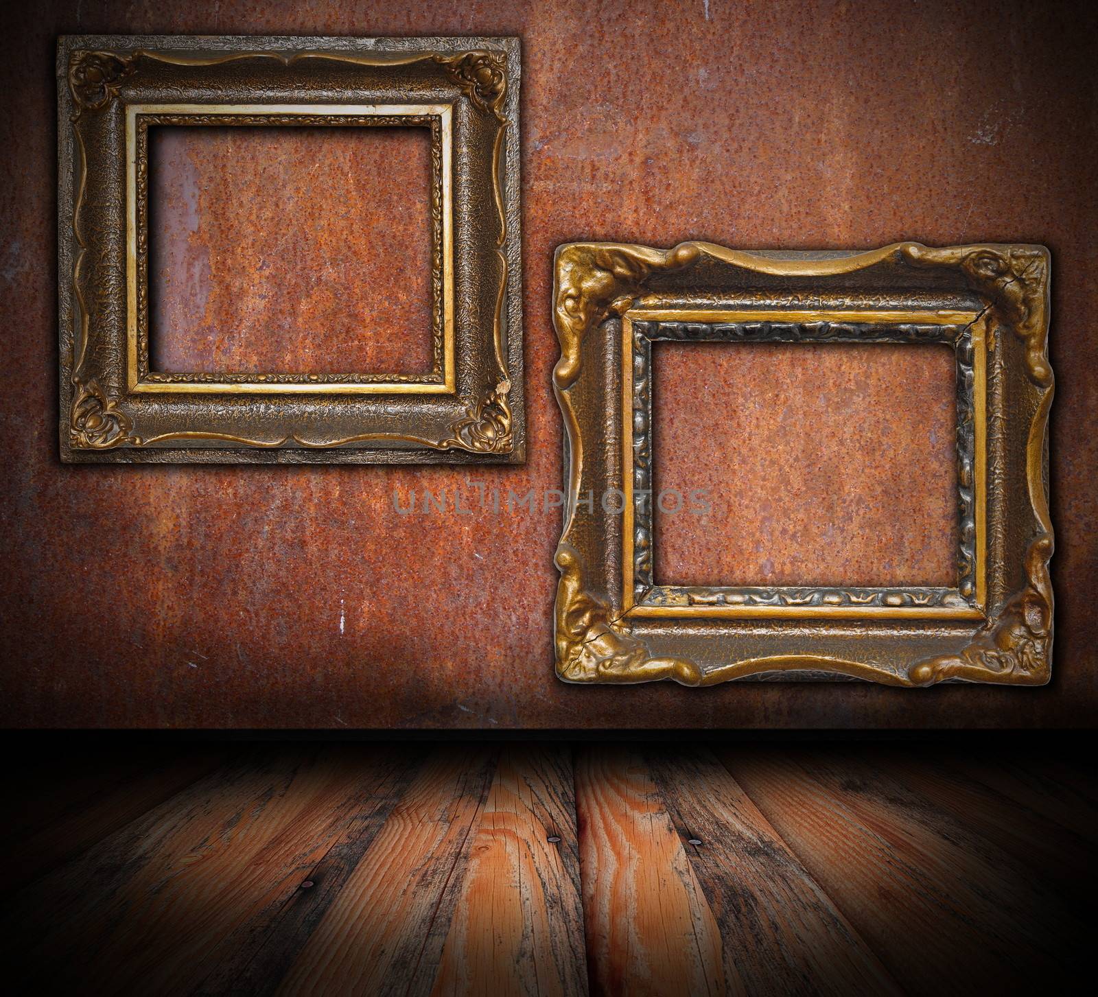 empty painting frames on rusted wall, interior architectural backdrop for your design