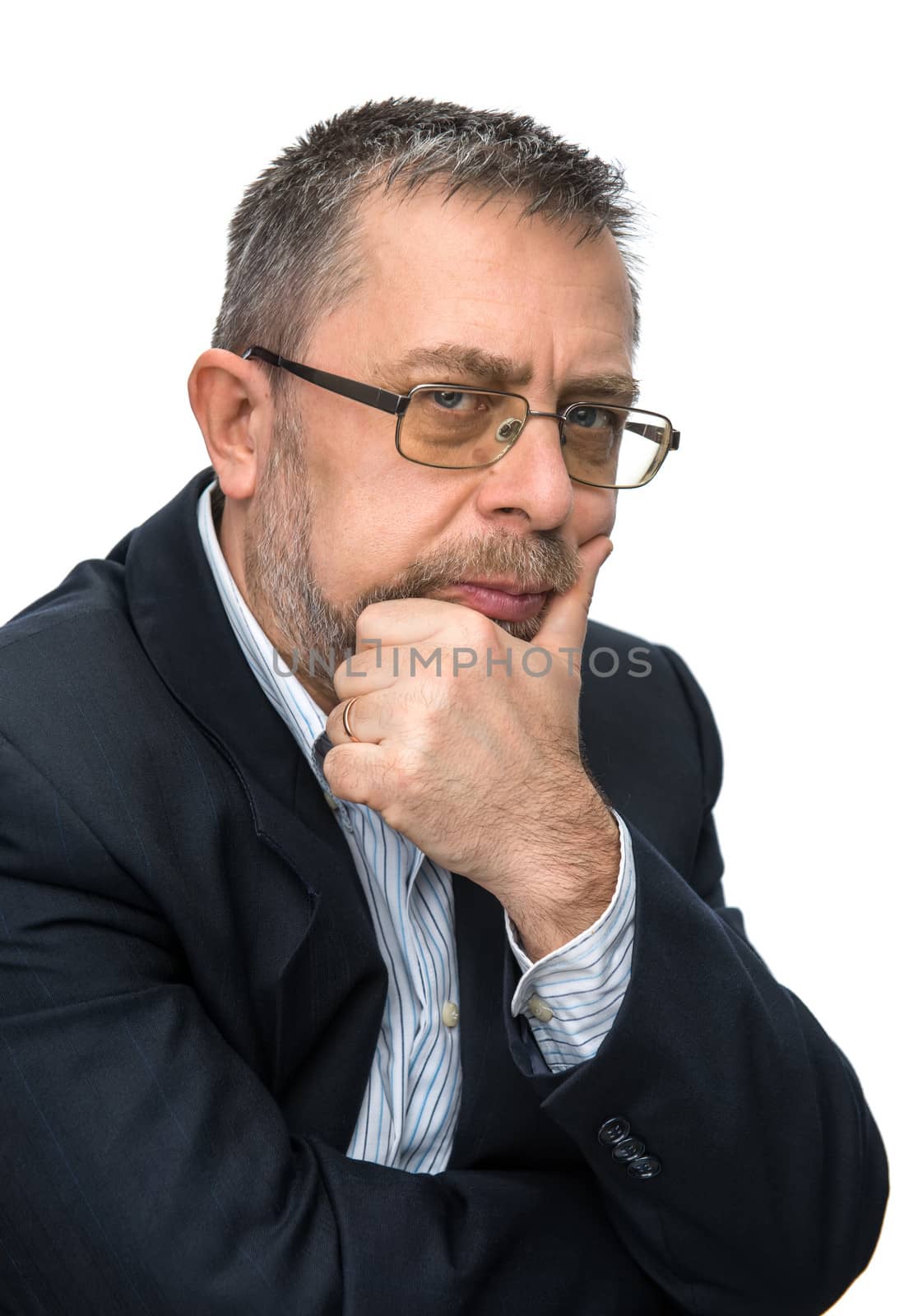 Portrait of senior businessman in a black jacket. Isolated on white
