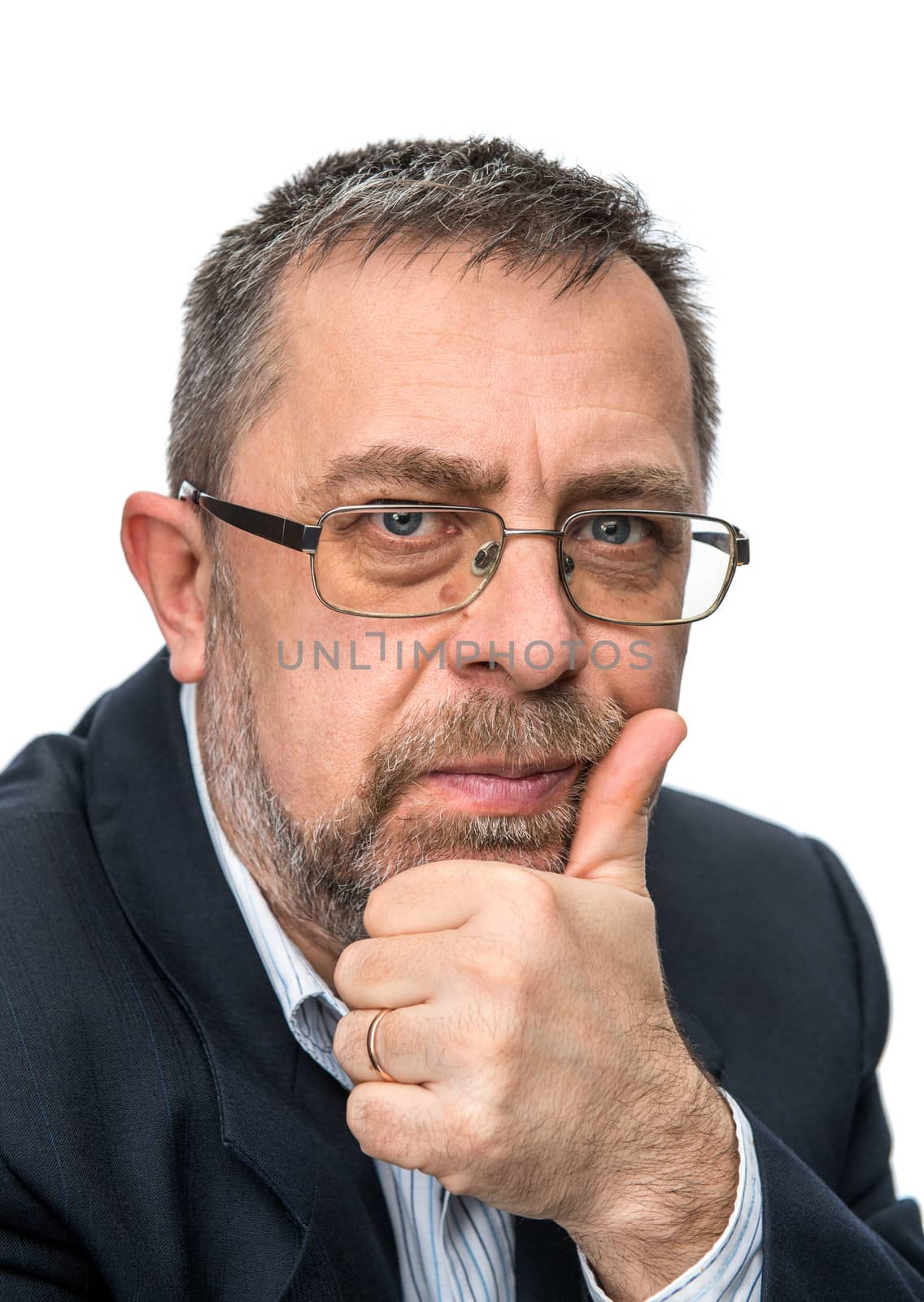 Portrait of senior businessman in a black jacket. Isolated on white
