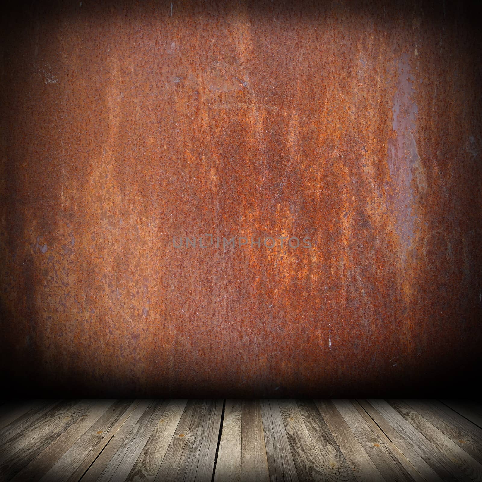grunge architectural backdrop with wood floor and rusty wall