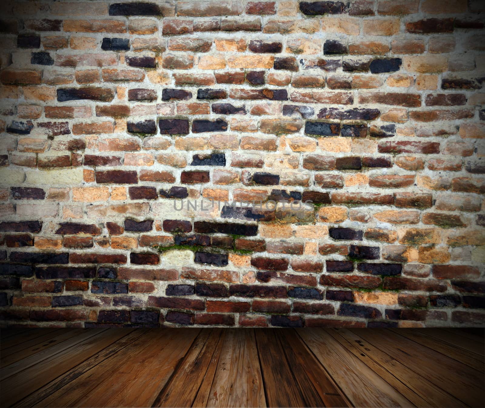 indoor backdrop with neglected wall and wooden planks floor