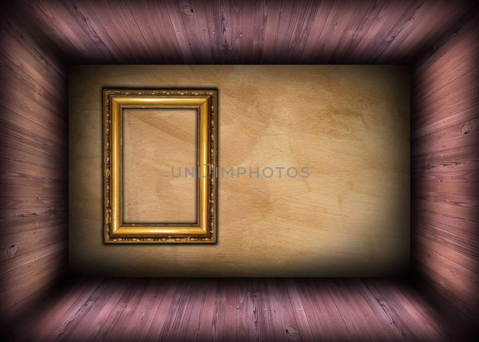 minimalist architectural backdrop with empty old painting frame on wall