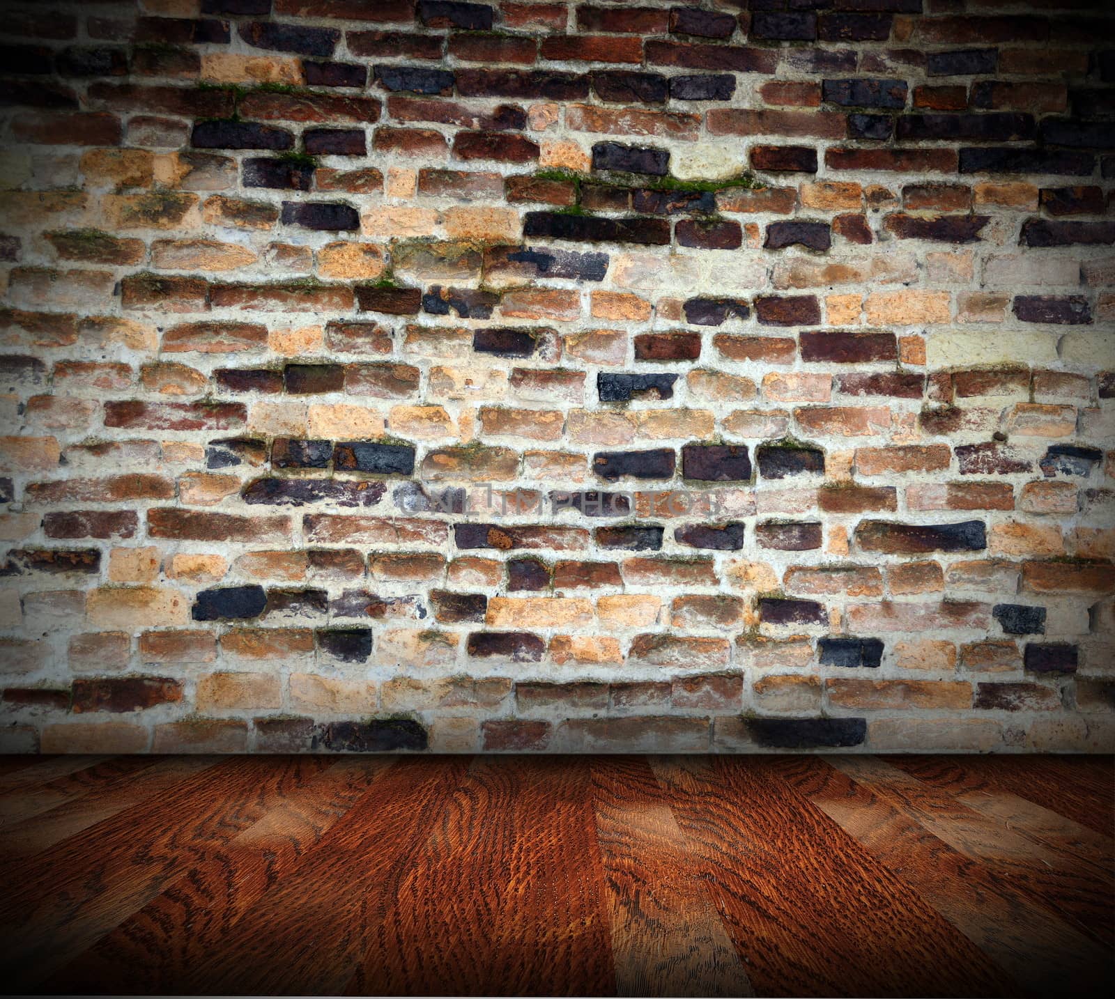 neglected interior abstract architectural backdrop with old brick wall