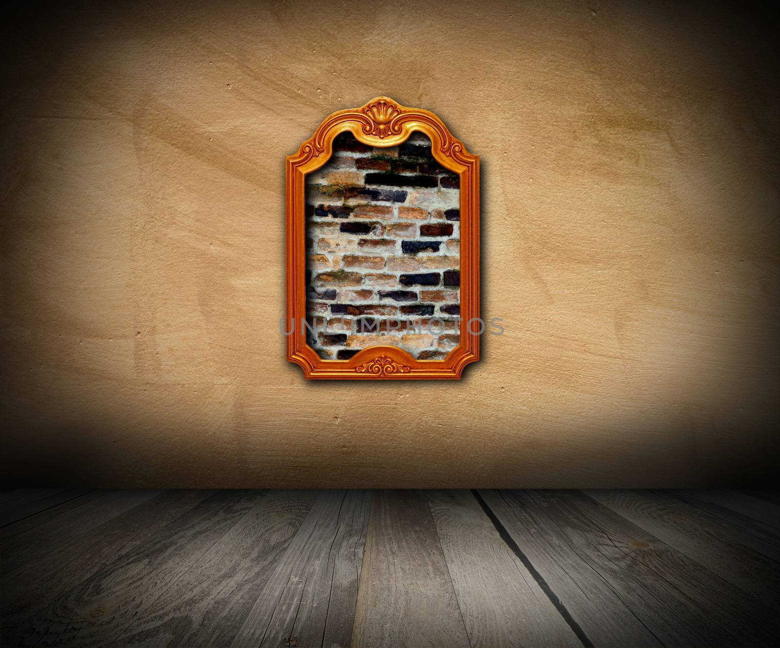 old frame revealing brick structure on vintage wall interior architectural background