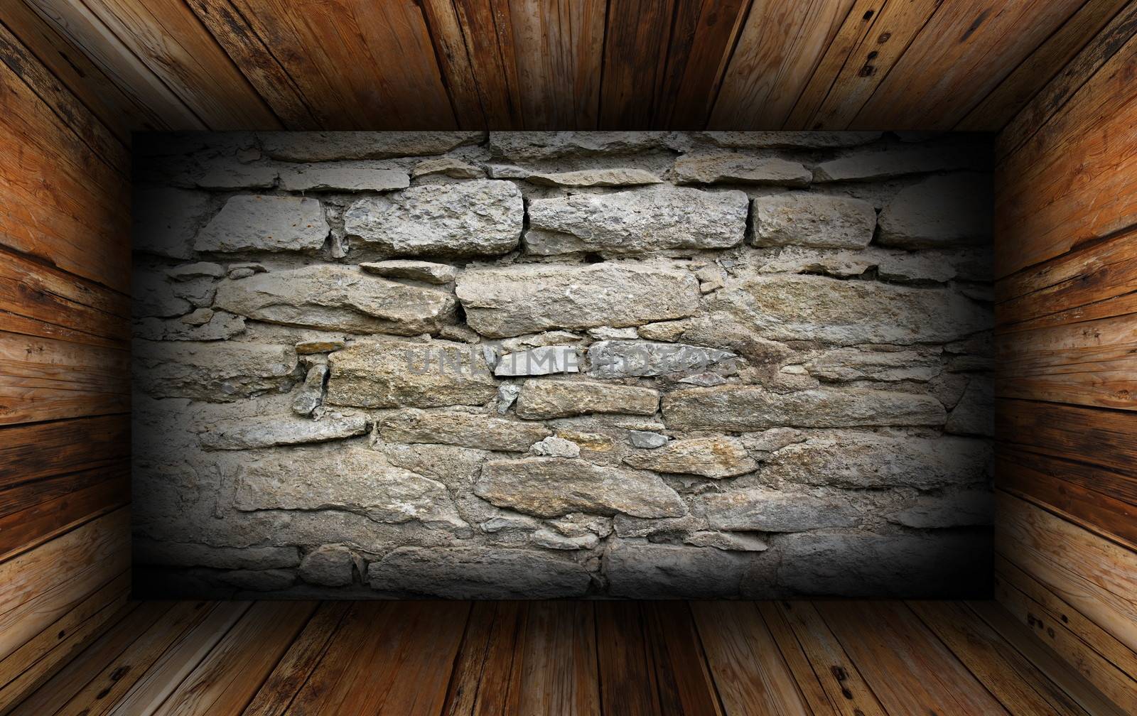 old interior background with weathered stone wall and wooden floor and ceiling