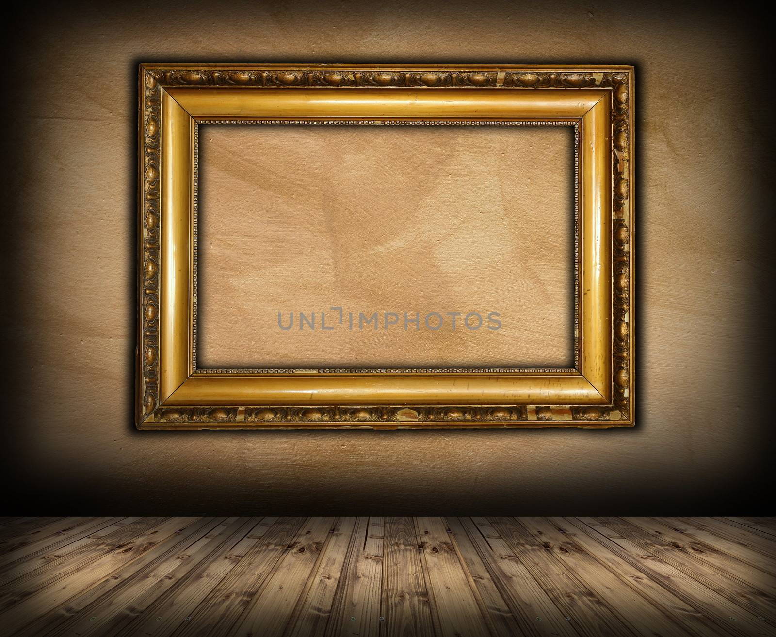 old picture frame on interior background with wooden floor