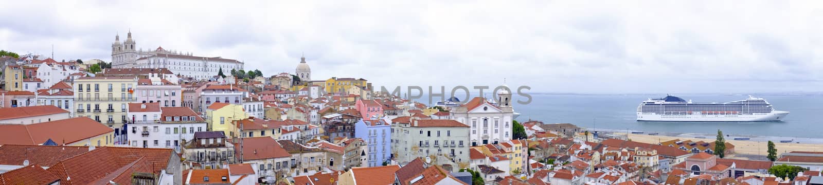 Panorama from Lisbon houses and harbor in Portugal