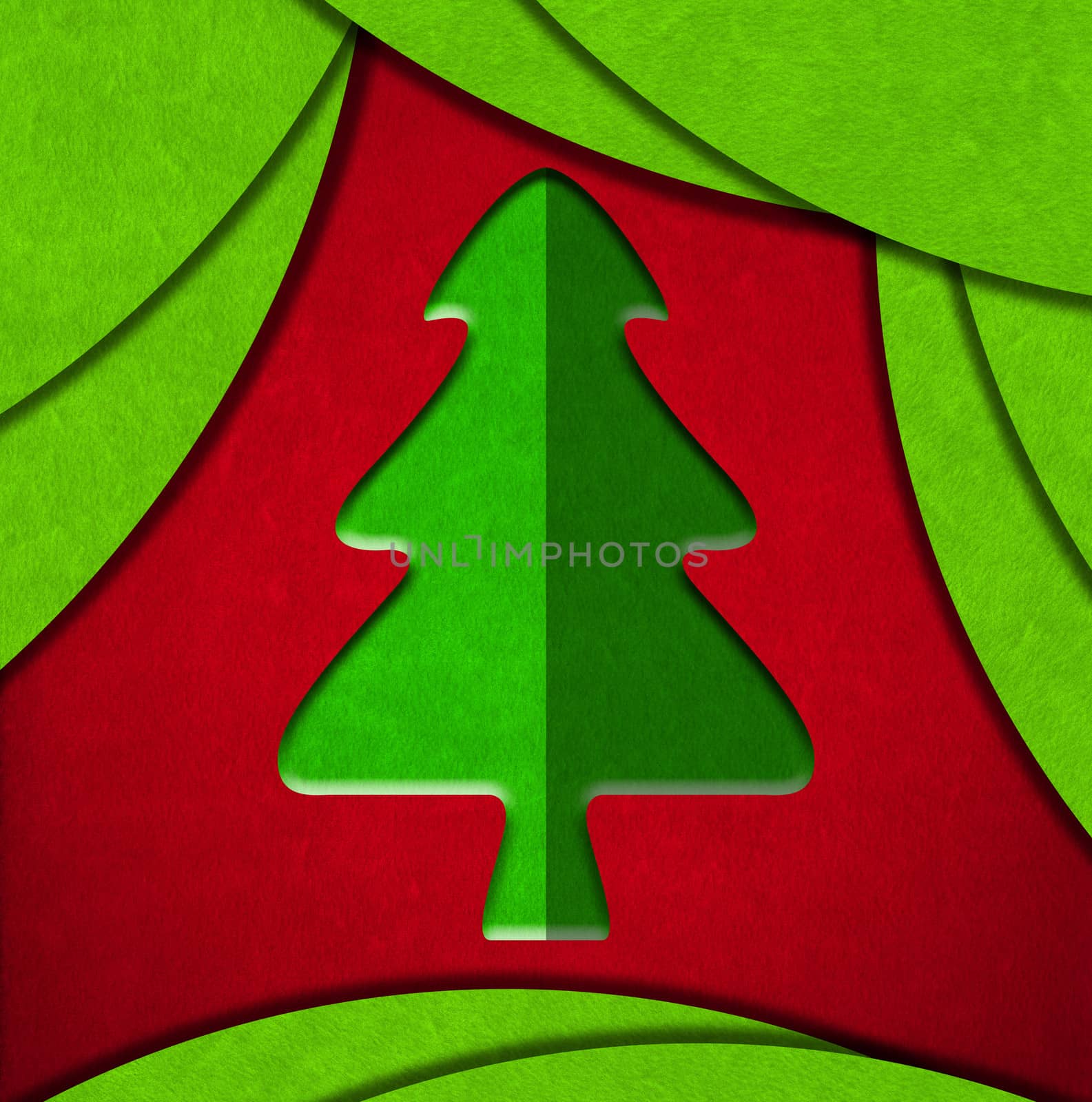 Christmas background with green stylized christmas tree in red and green velvet