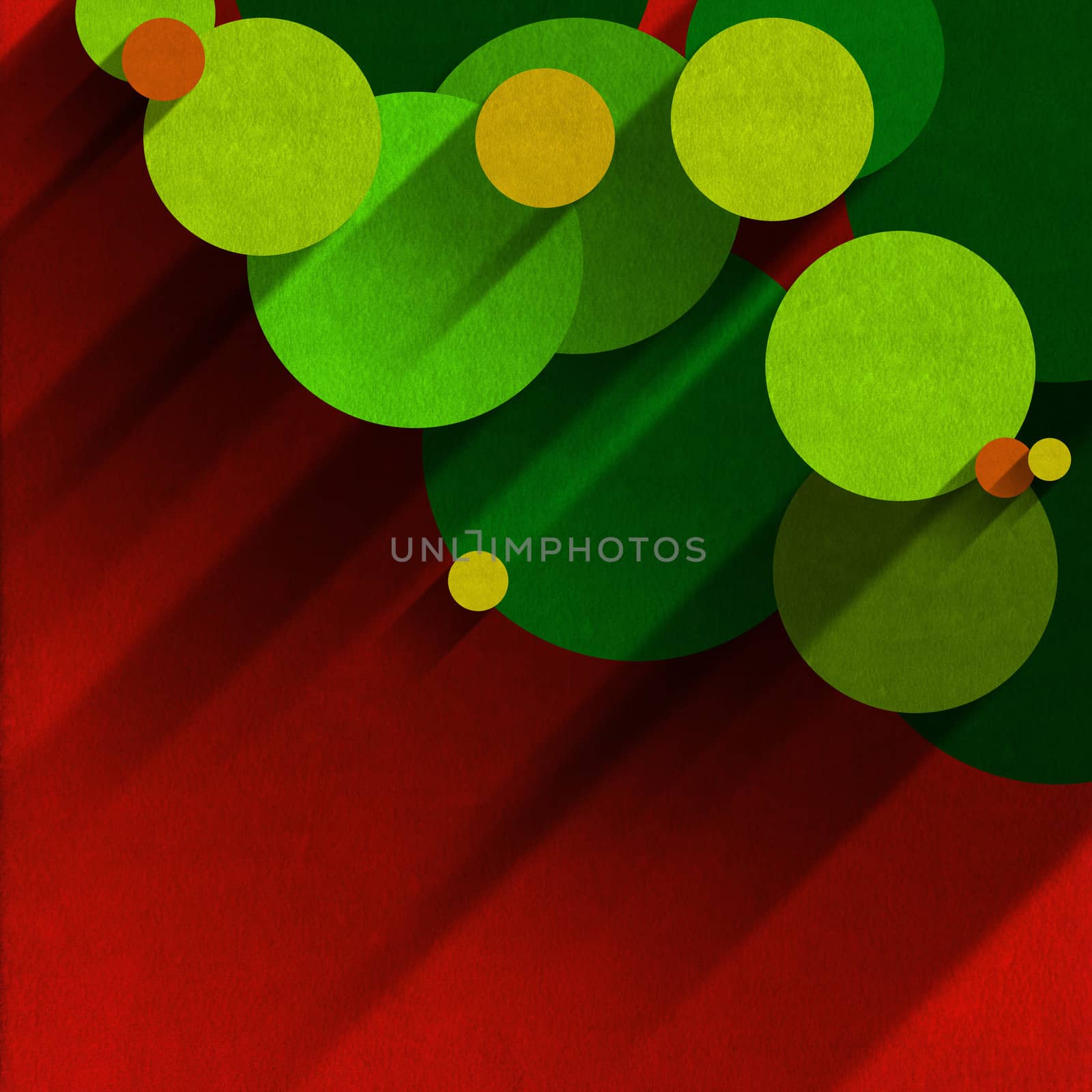 Circles of velvet, yellow, orange and green on red velvet background with shadows