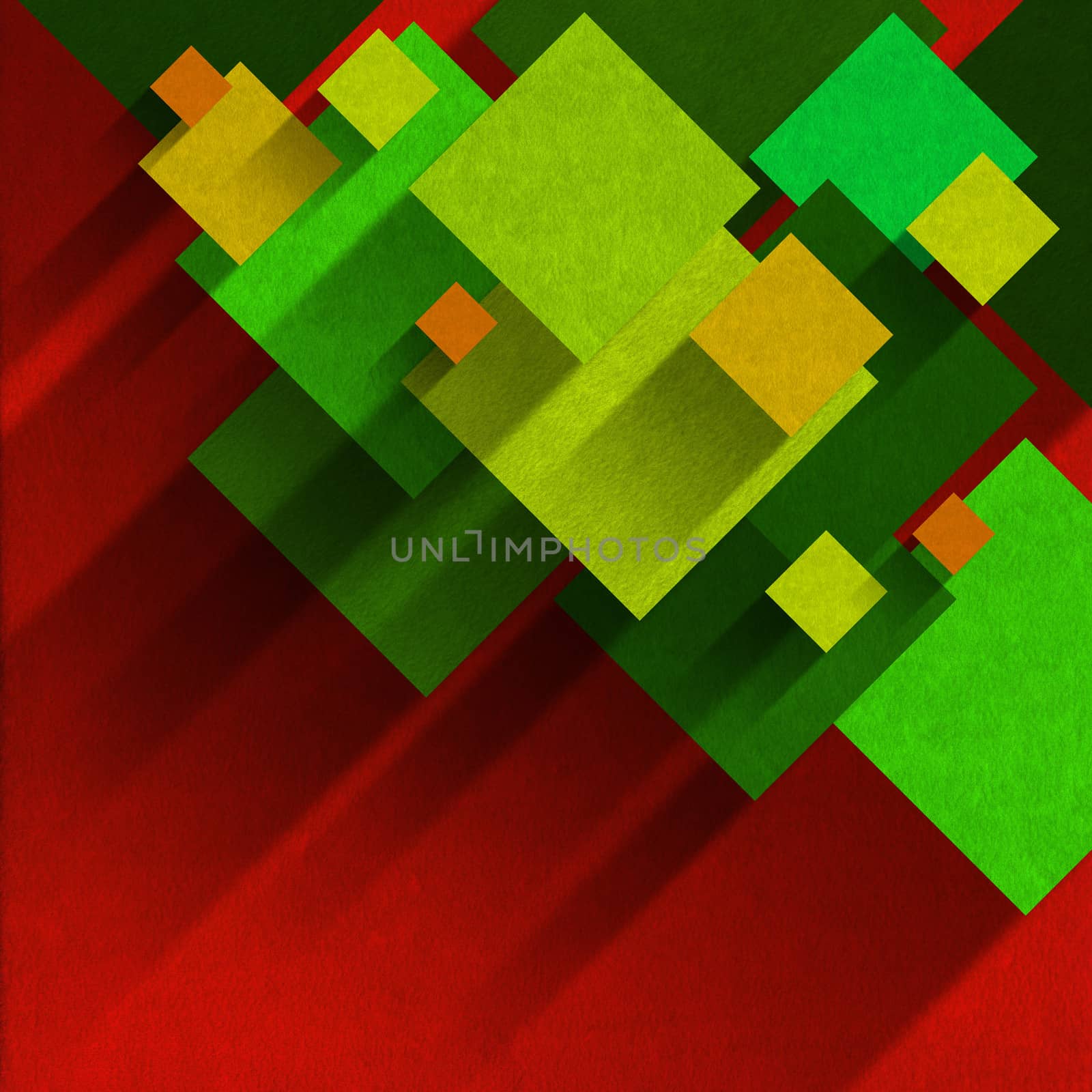 Squares of velvet, yellow, orange and green on red velvet background with shadows