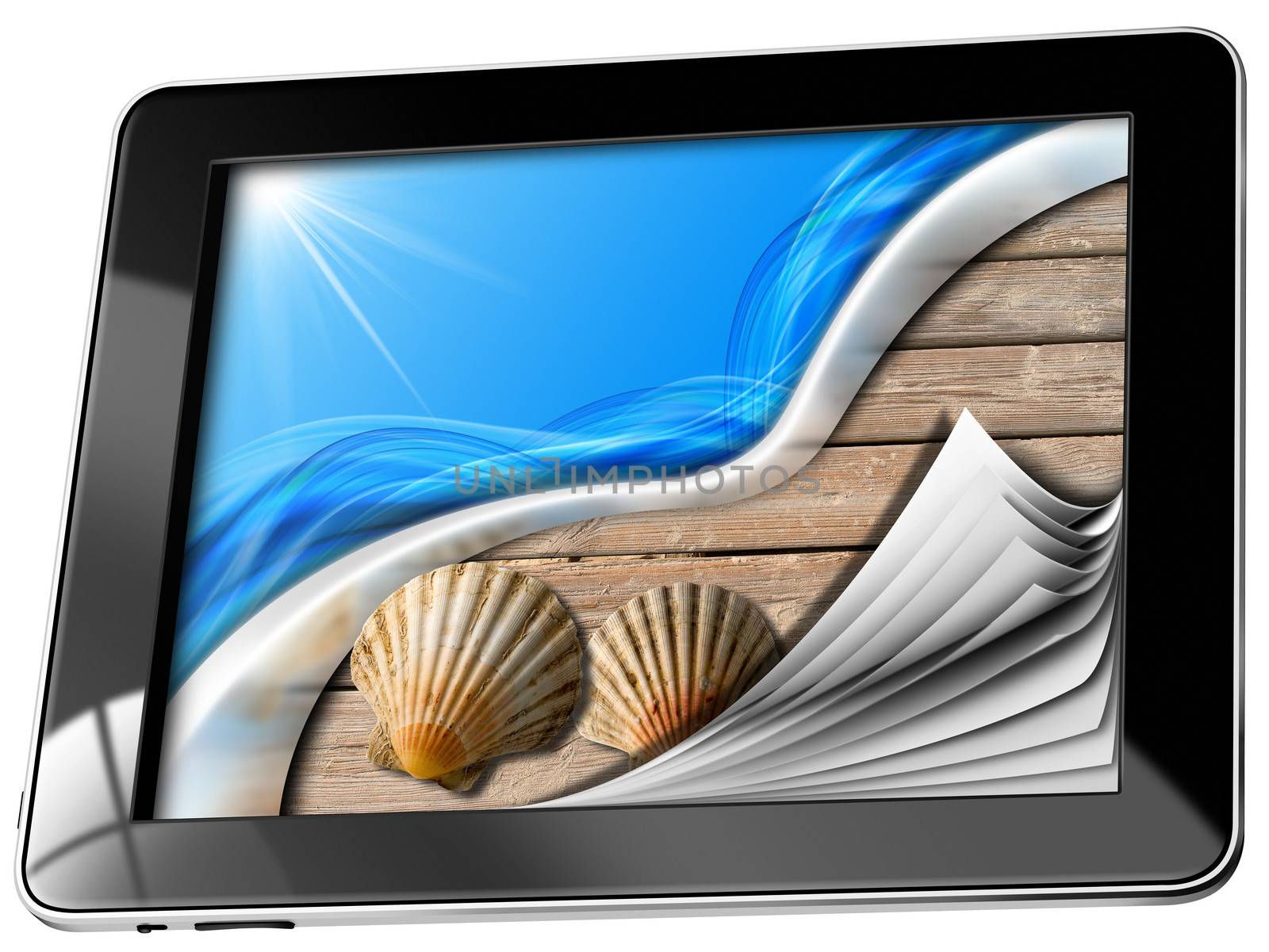 Tablet computer with pages, two seashells on wooden floor with sand, stylized waves and sunlight, concept of summer vacations
