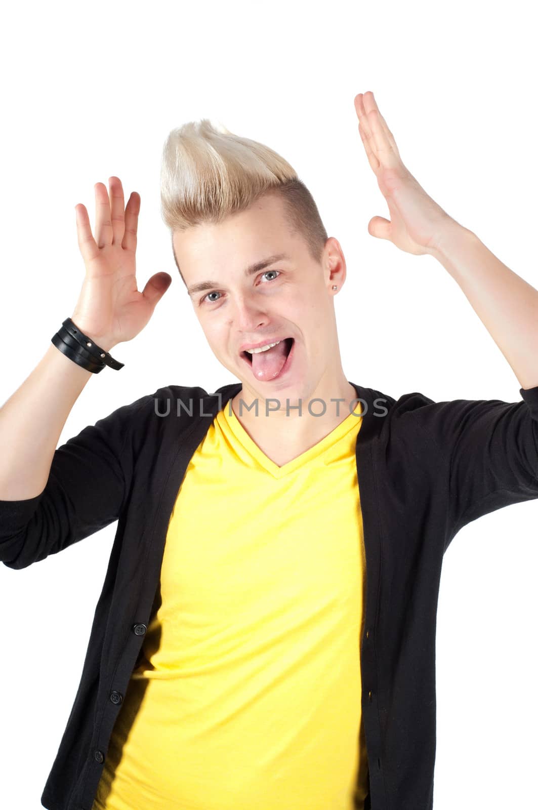 Portrait of emotional handsome man isolated on white