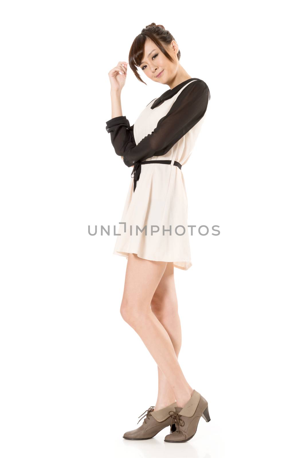 Asian beauty wear a spring dress, full length portrait isolated on white background.