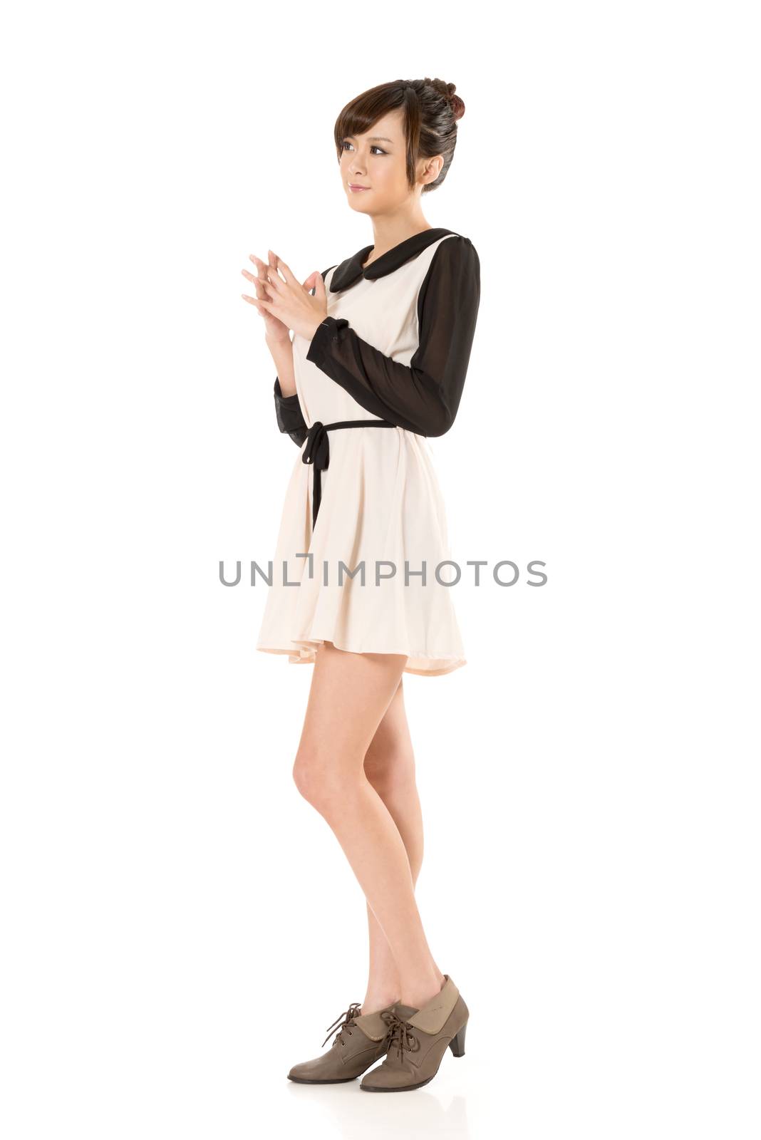 Asian beauty wear a spring dress, full length portrait isolated on white background.