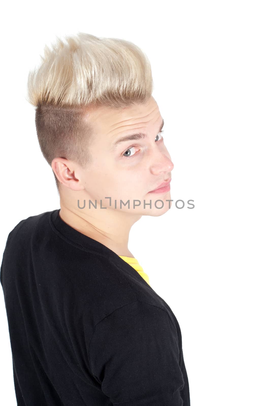 Portrait of handsome blond man watching on you, isolated on white