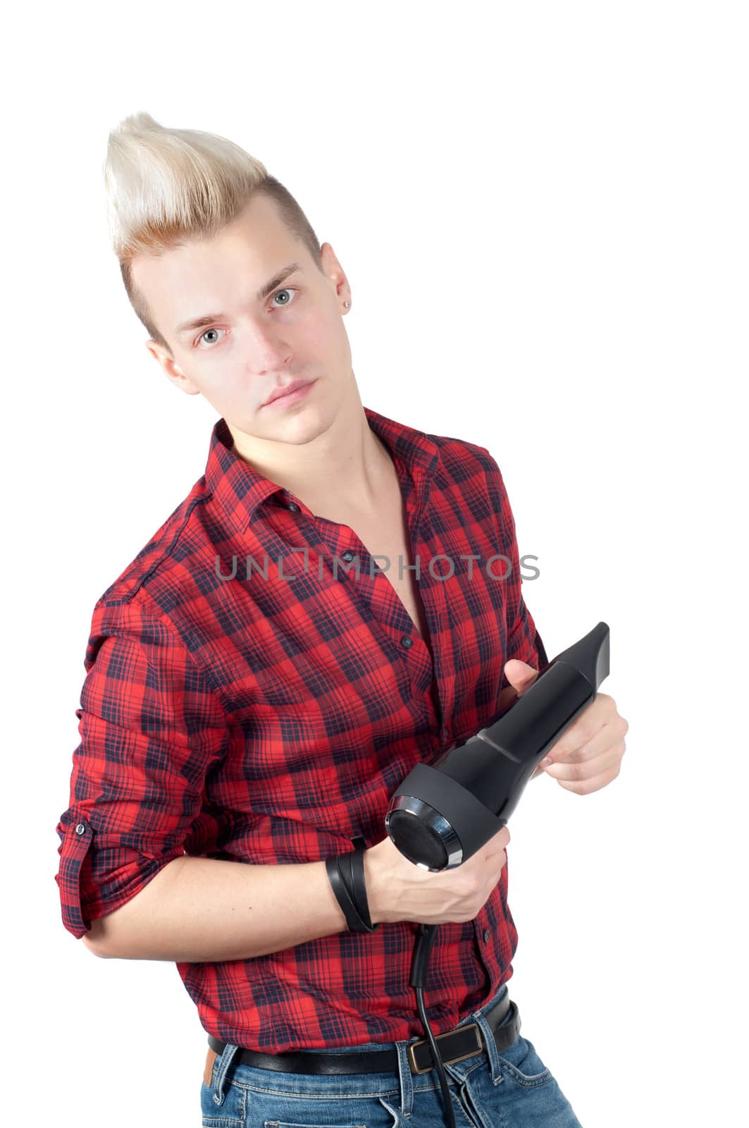 Portrait of handsome man with hairdryer in studio isolated on white