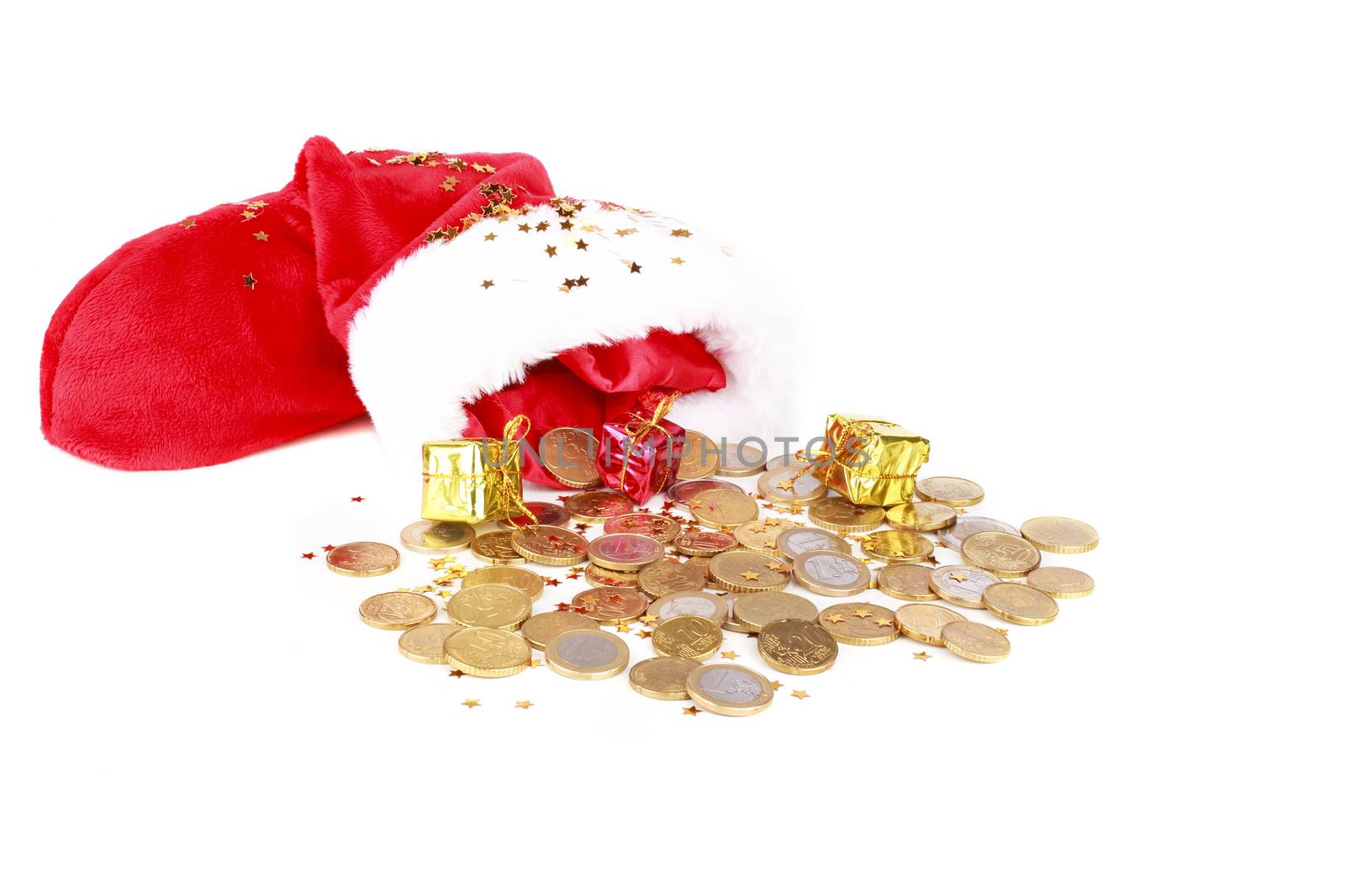 Santa's hat with euro coins and presents
