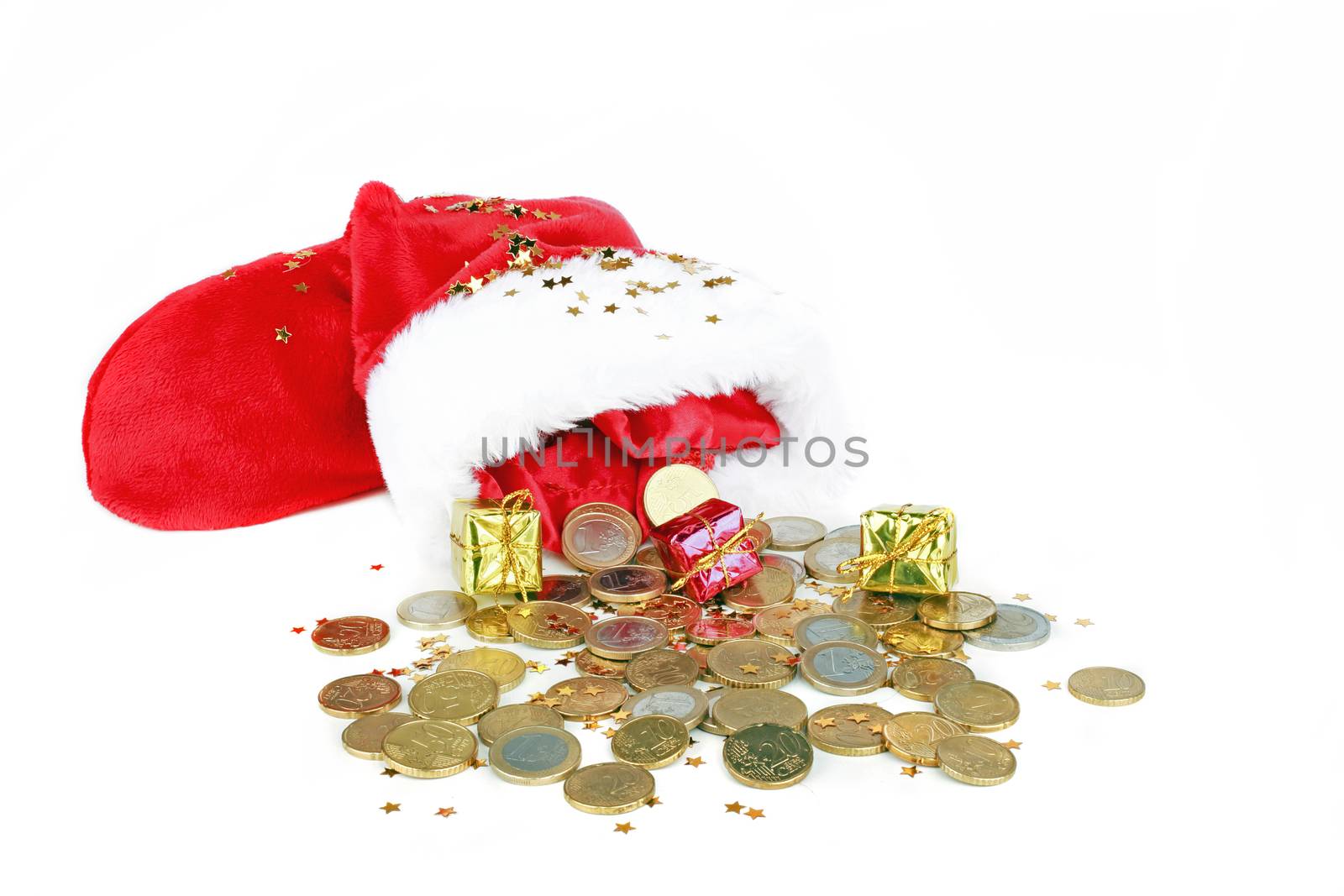 Santa's hat with euro coins and presents