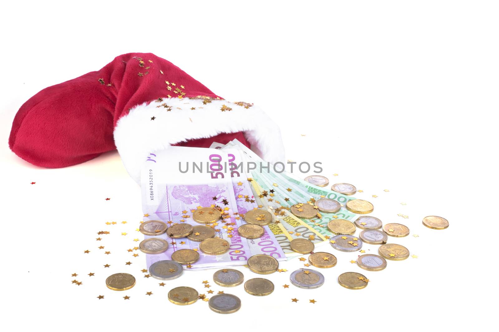 Santa's hat with euro coins and presents
