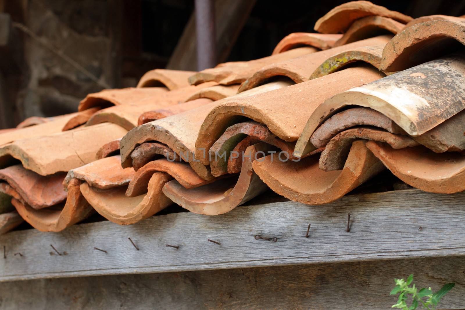 Old clay tiles on the old house in Bulgaria