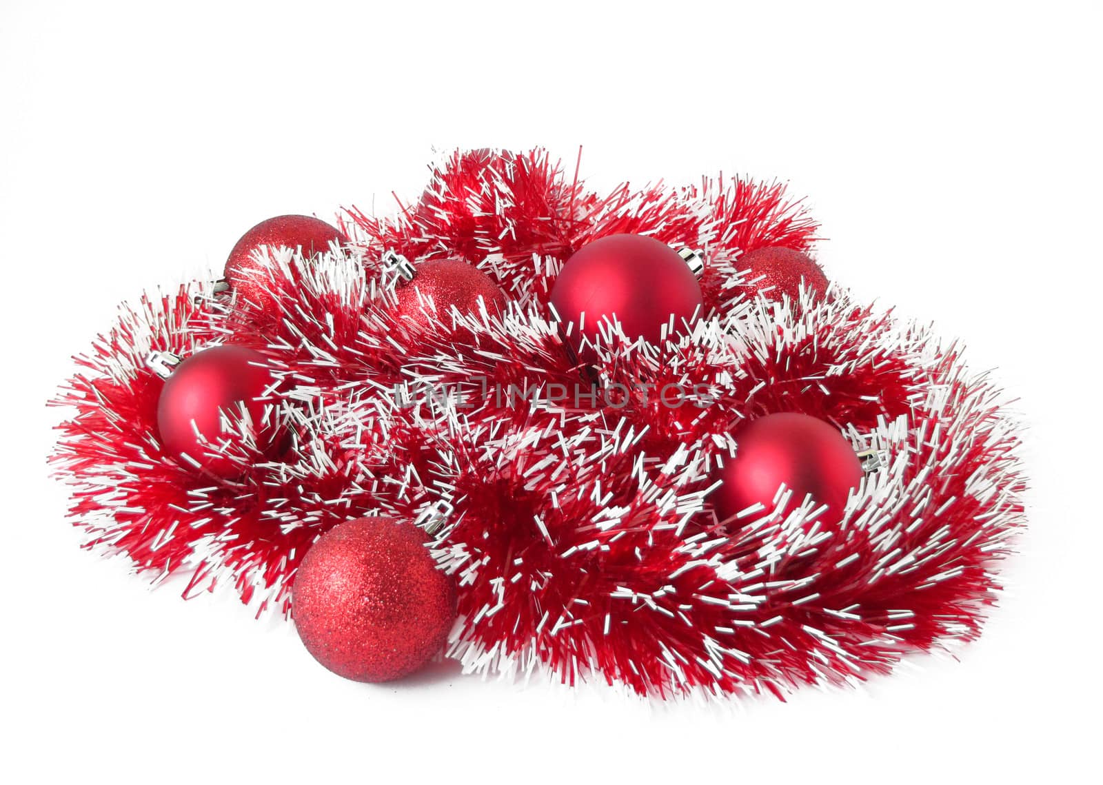 christmas balls with tinsel isolated on white background