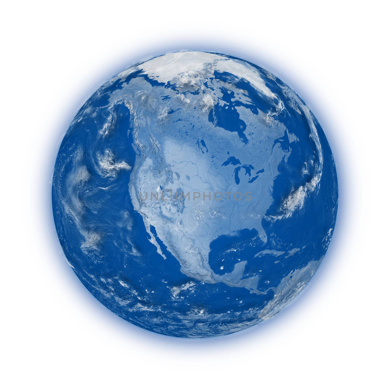 North America on blue planet Earth isolated on white background. Highly detailed planet surface. Elements of this image furnished by NASA.