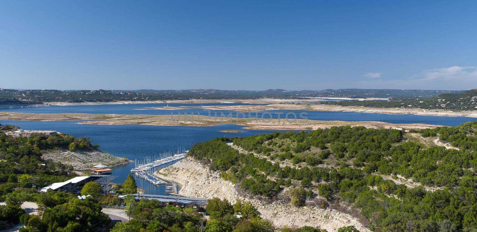 Panoramic View of drying Lake Travis, a reservoir on the Colorado River in central Texas in the United States