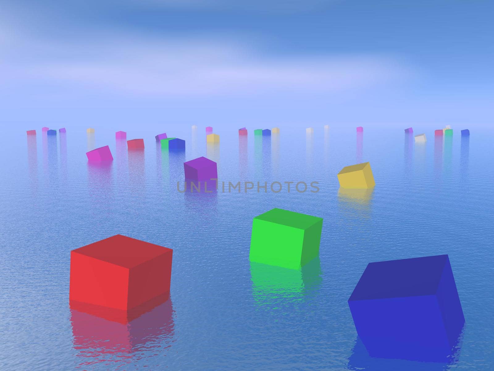 Many colorful cubes floating upon the water by beautiful blue day