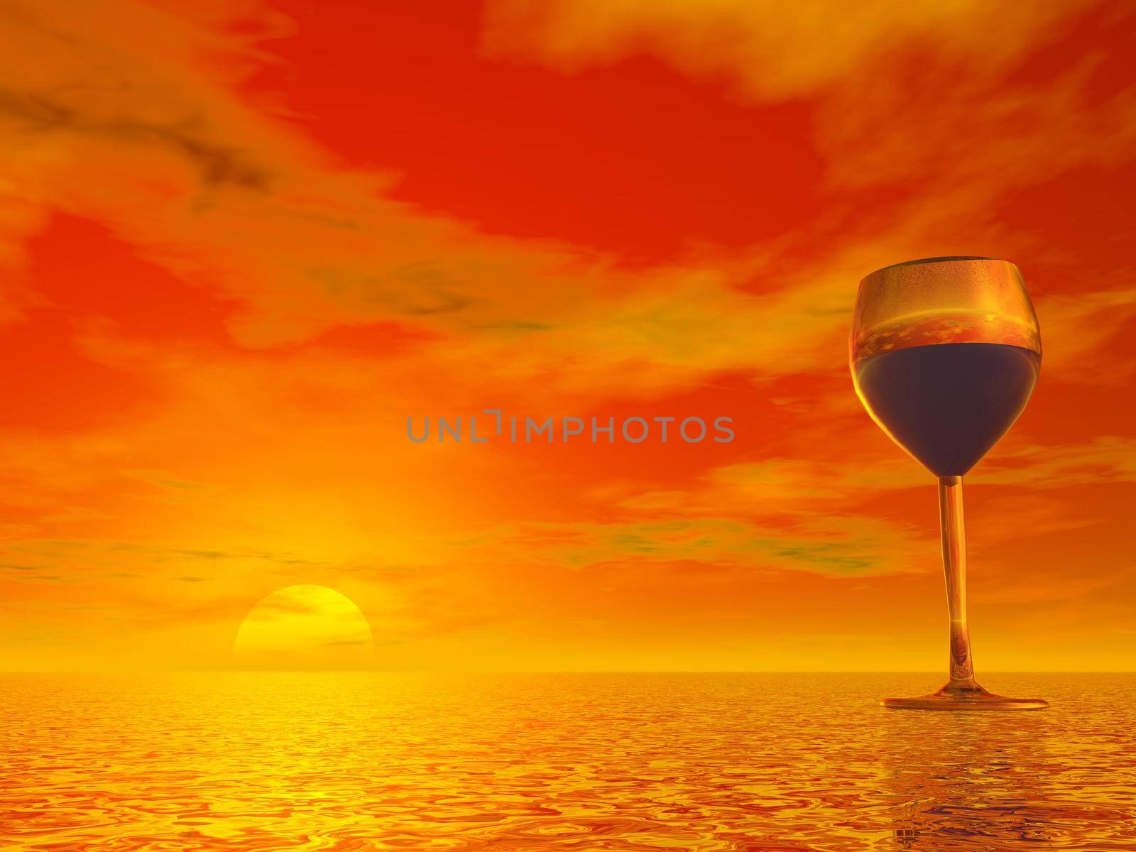 Glass with red wine inside upon water at beautiful colorful sunset
