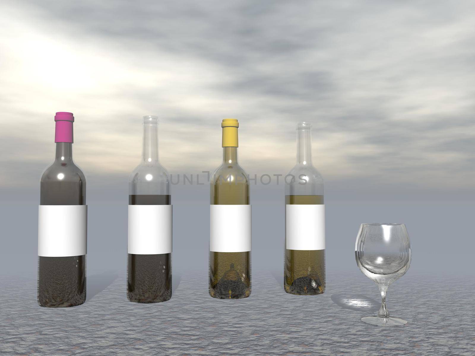 Glass next to four full or open wine bottles and grey background