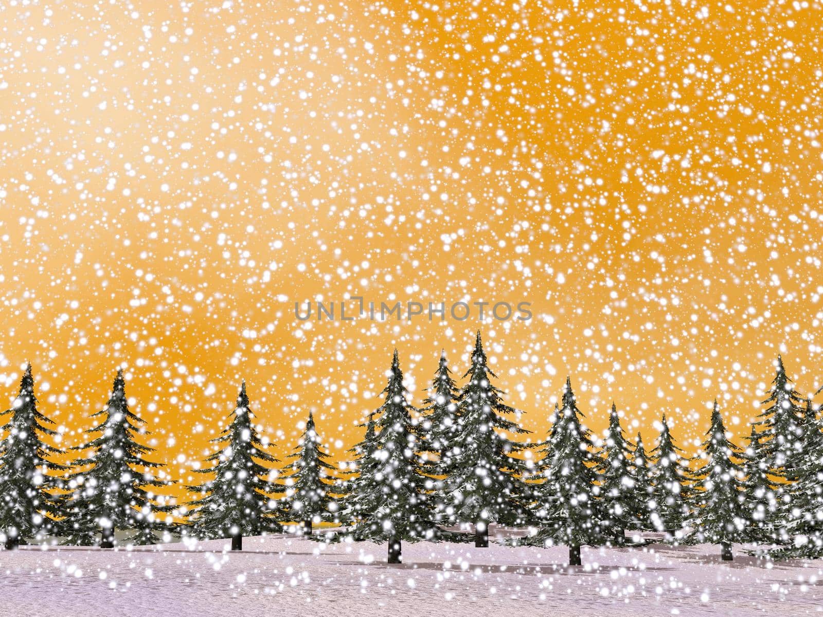 Winter landscape with falling snow covering mountains and fir trees by sunset sky