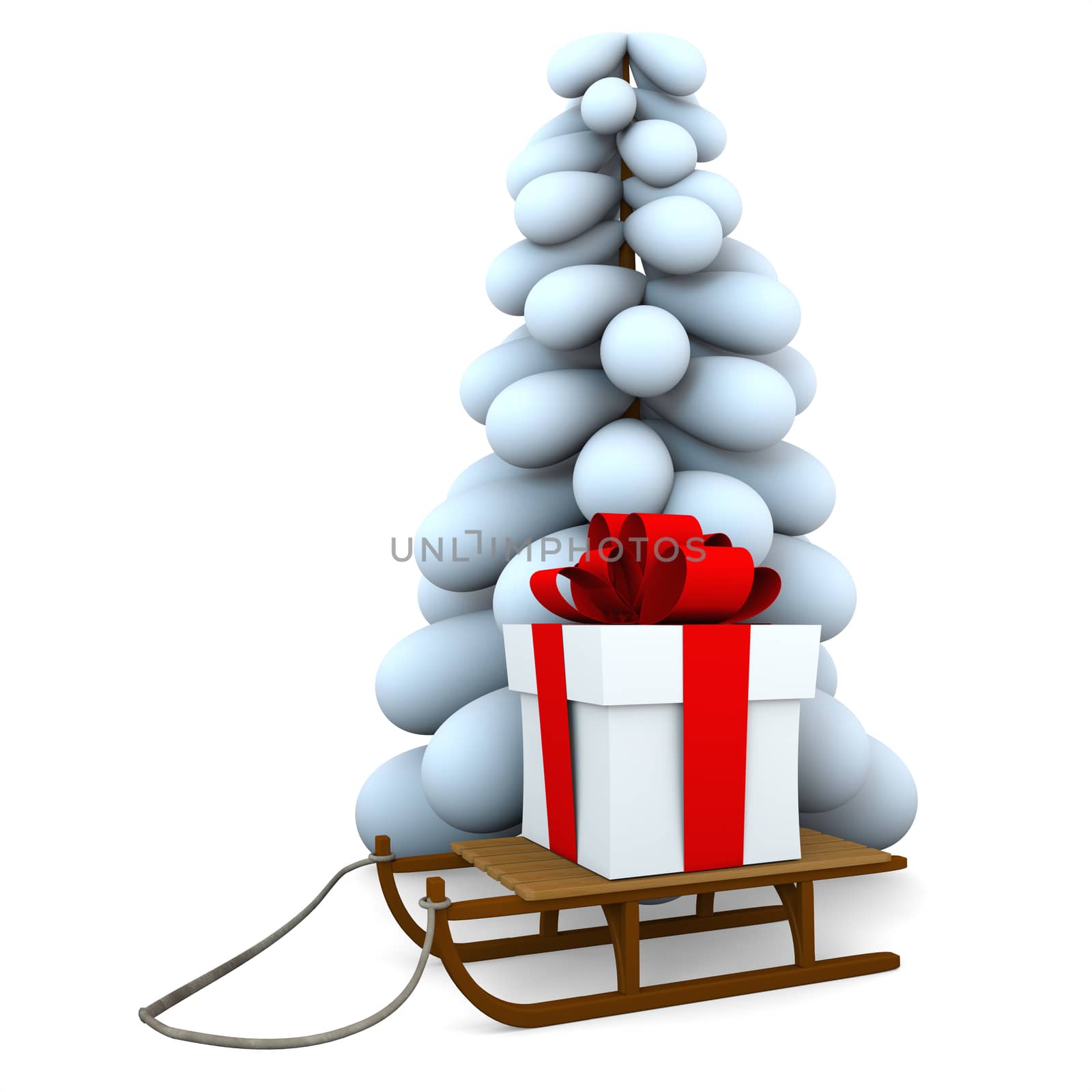 White christmas tree and sledge with christmas present isolated on white background