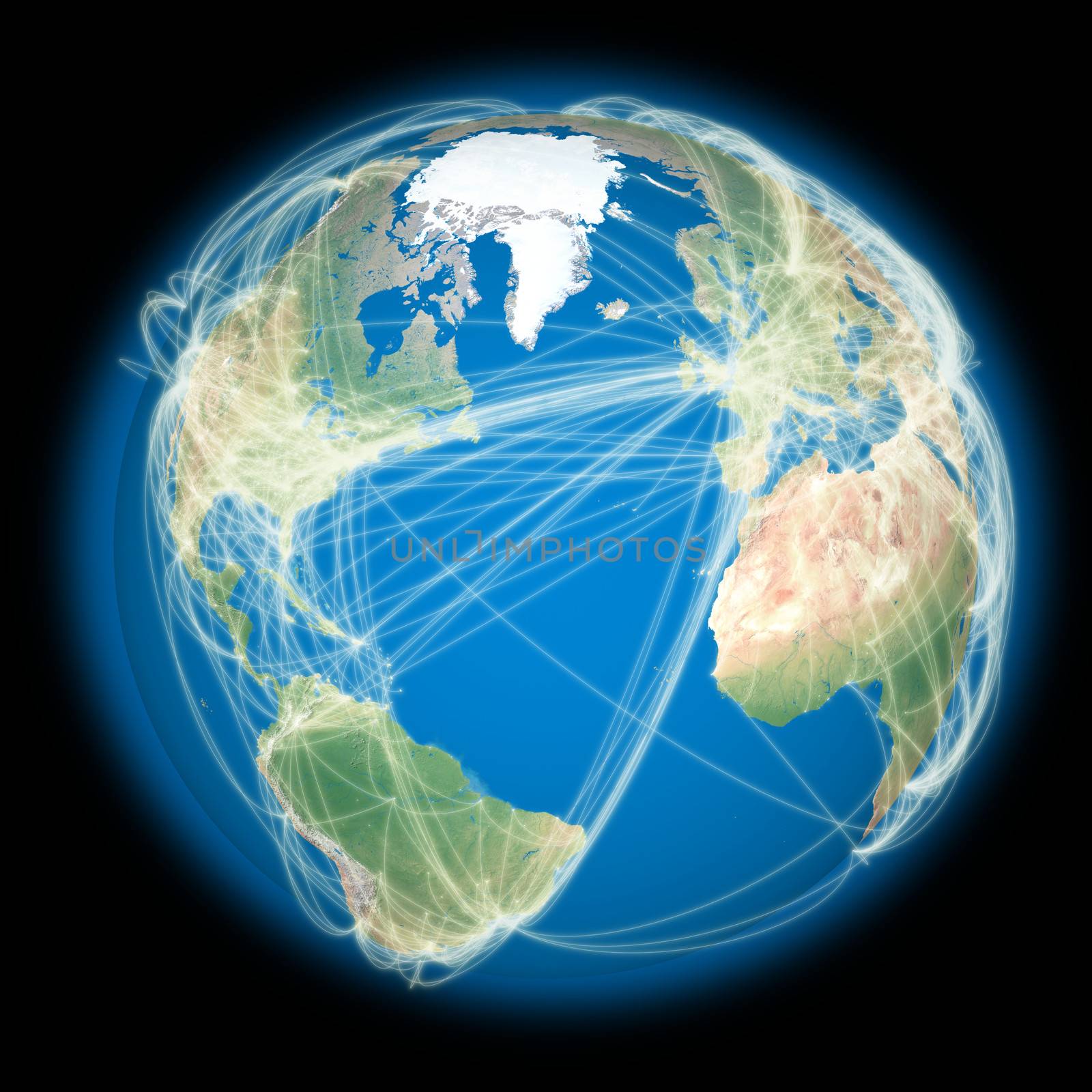 Planet Earth with connections between cities and continents representing global airline networks. Elements of this image furnished by NASA