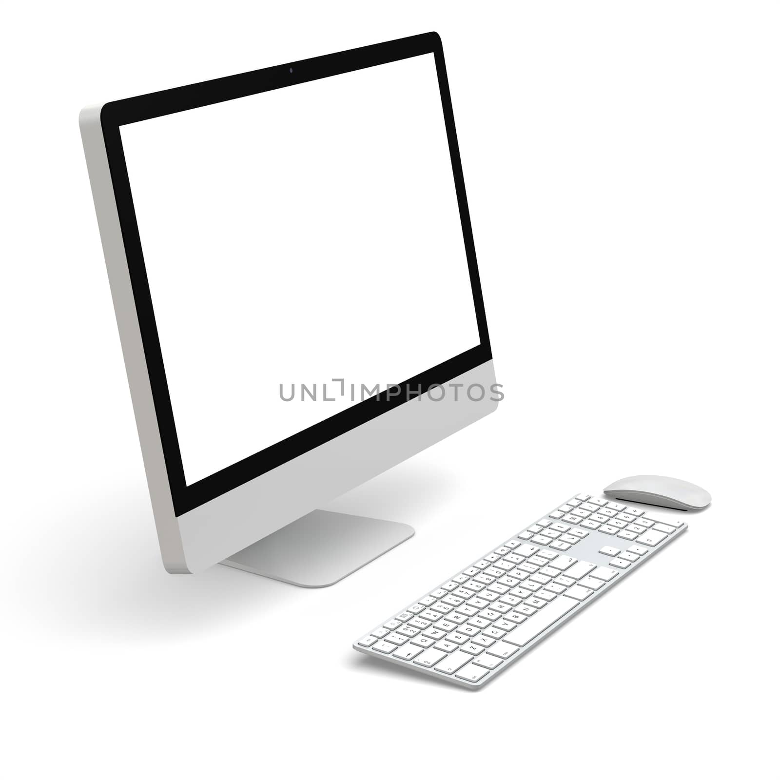 Modern desktop computer with white blank screen isolated on white background