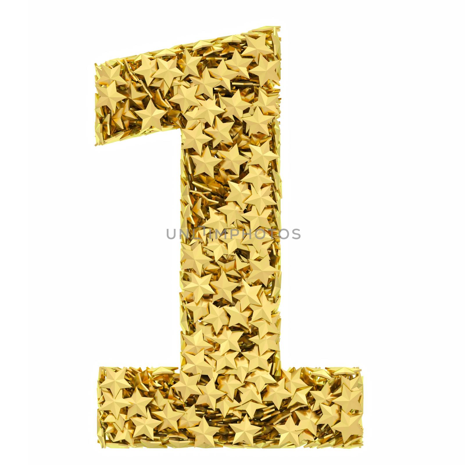 Number 1 composed of golden stars isolated on white. High resolution 3D image