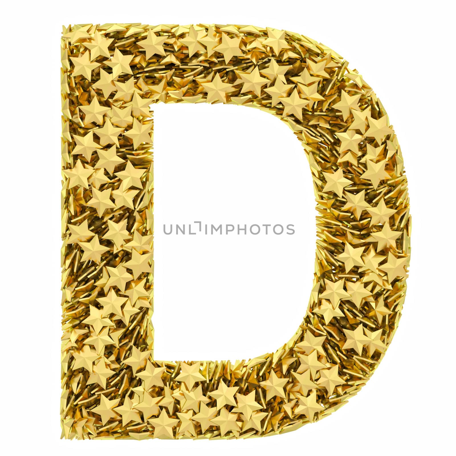 Letter D composed of golden stars isolated on white. High resolution 3D image