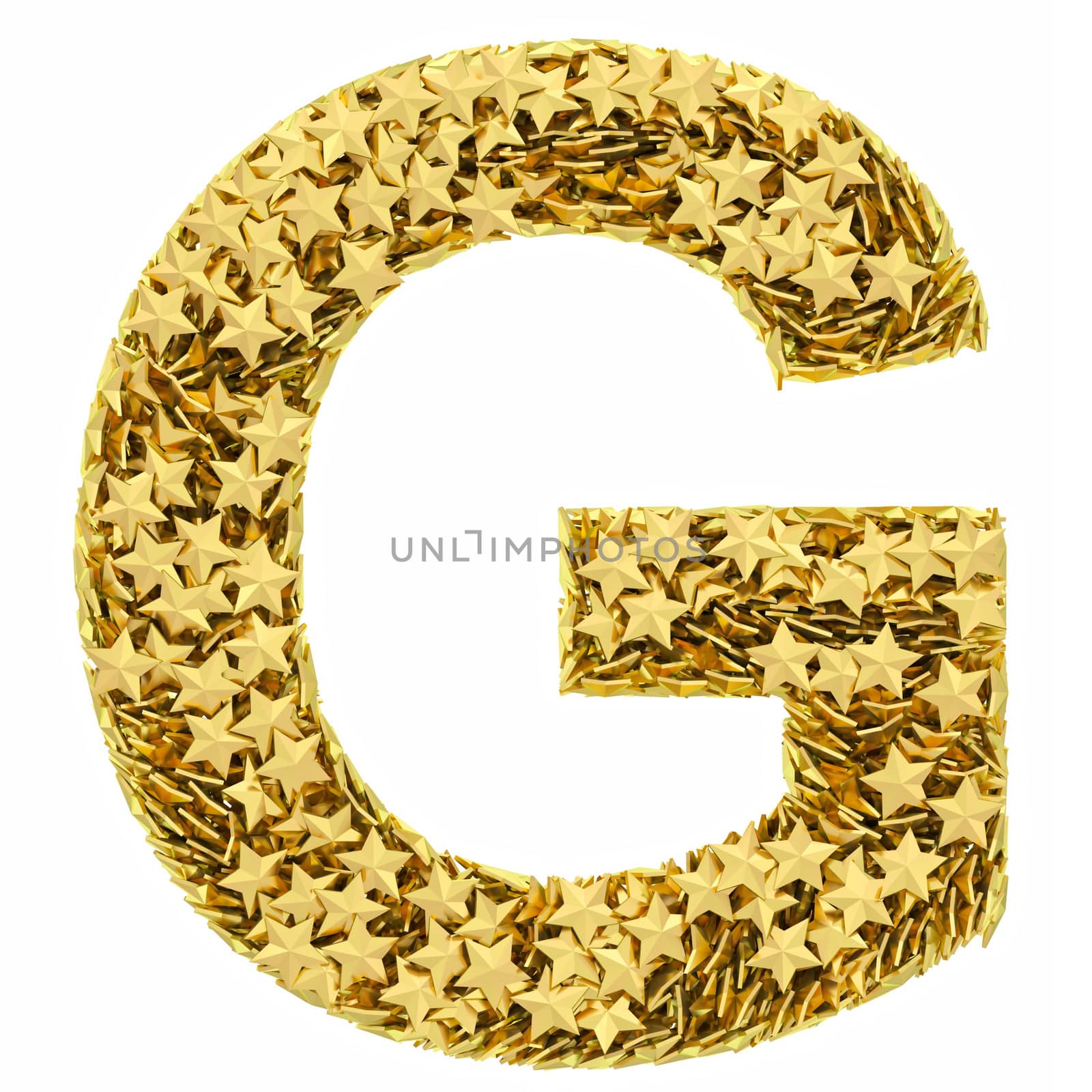 Letter G composed of golden stars isolated on white. High resolution 3D image