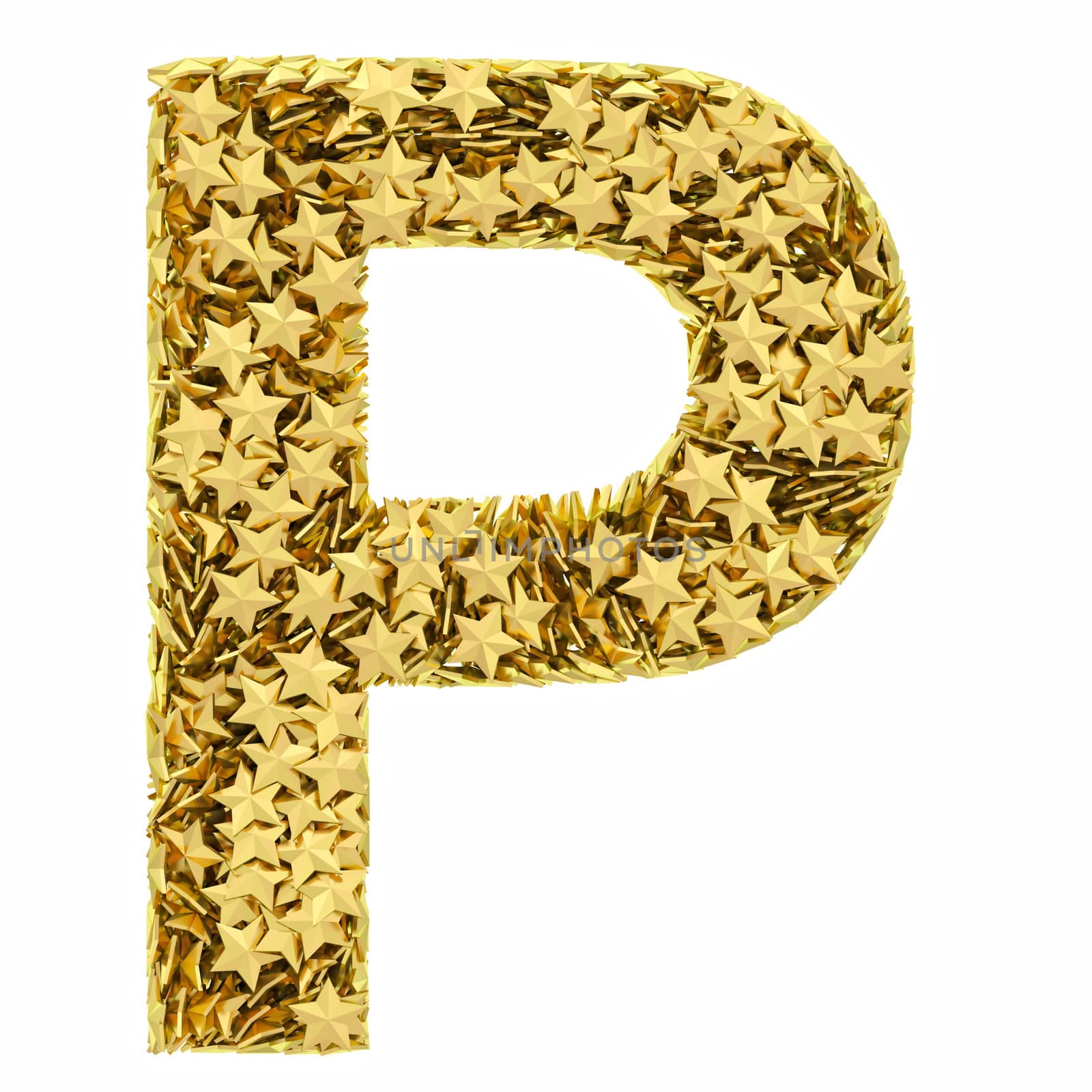 Letter P composed of golden stars isolated on white. High resolution 3D image