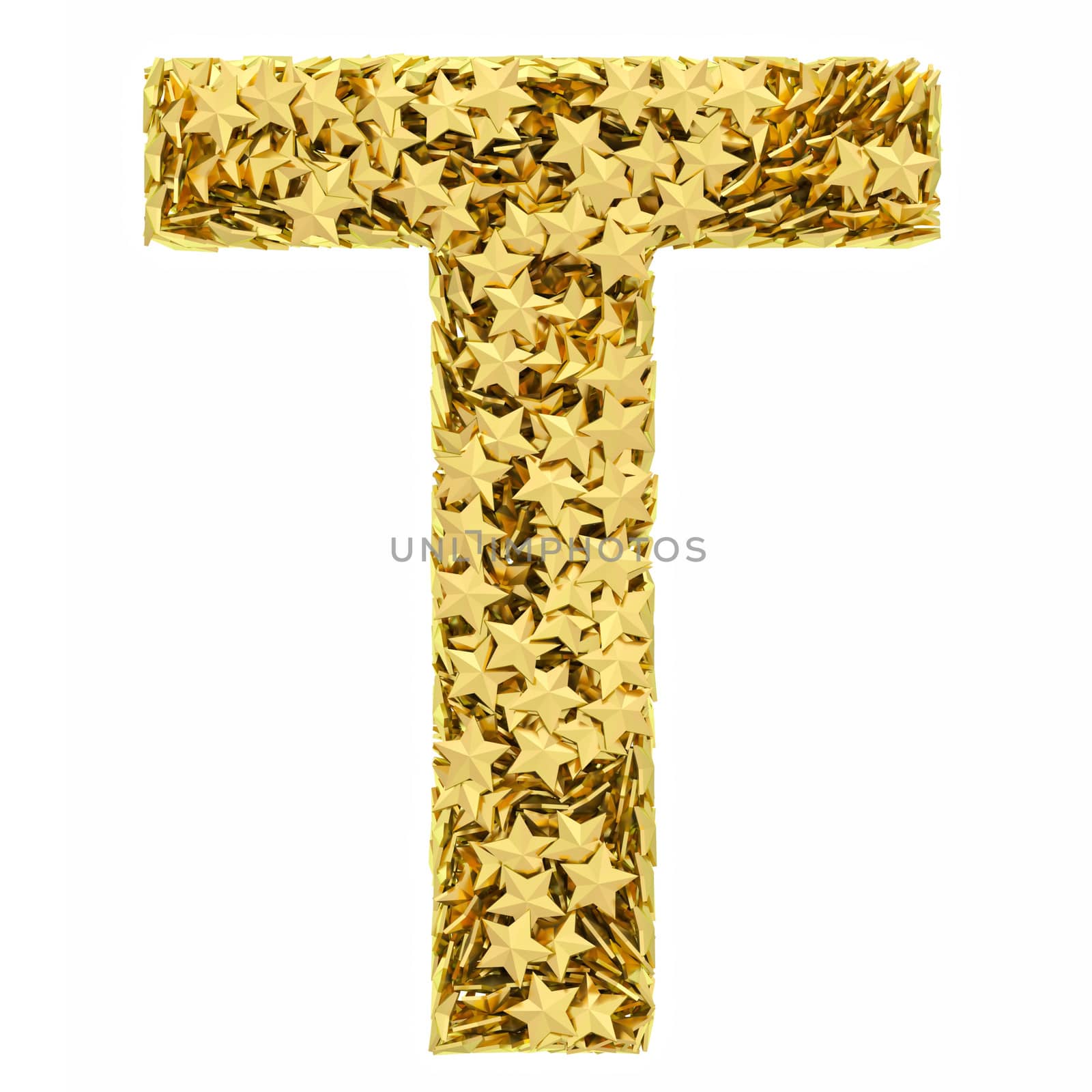 Letter T composed of golden stars isolated on white. High resolution 3D image