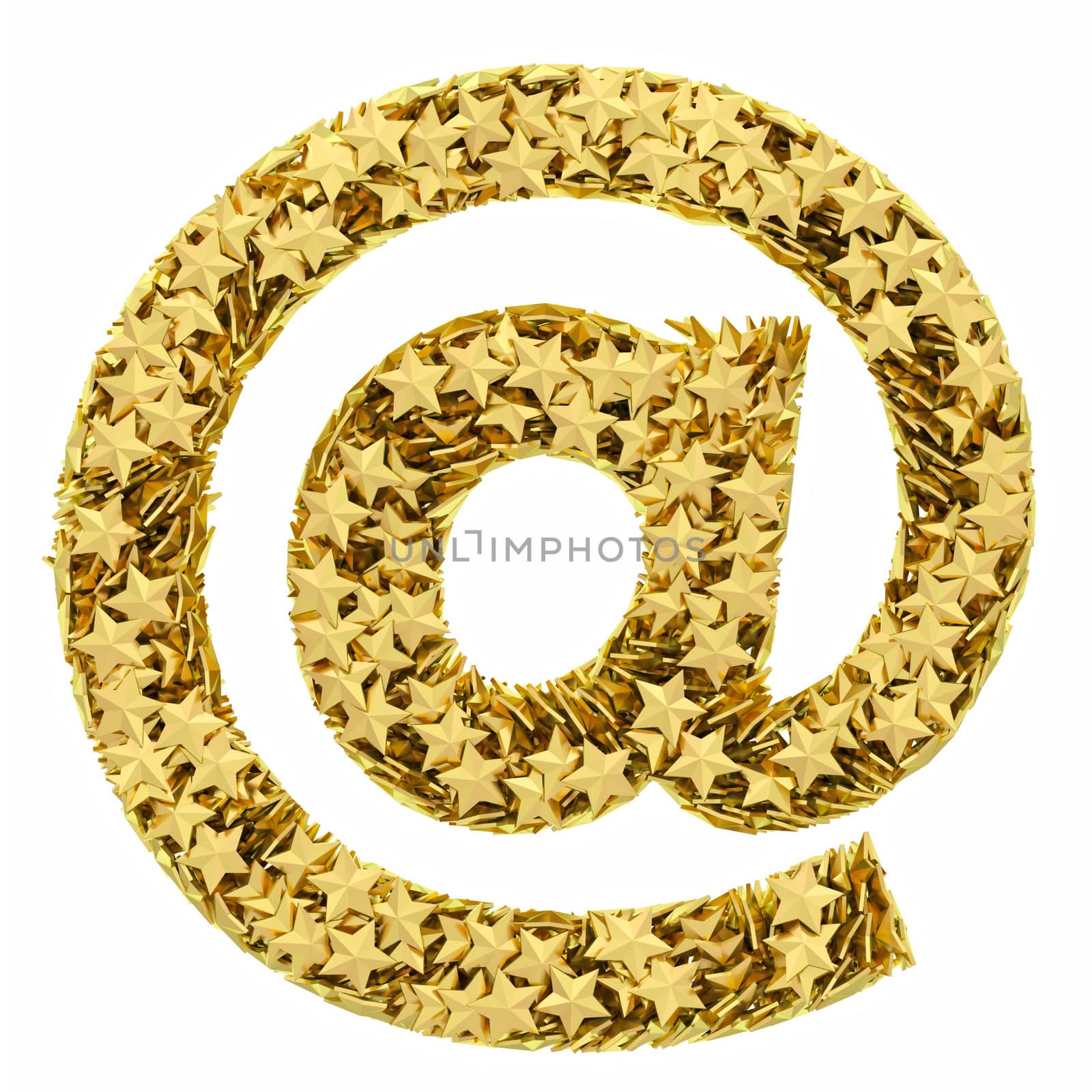 At or email sign composed of golden stars isolated on white. High resolution 3D image