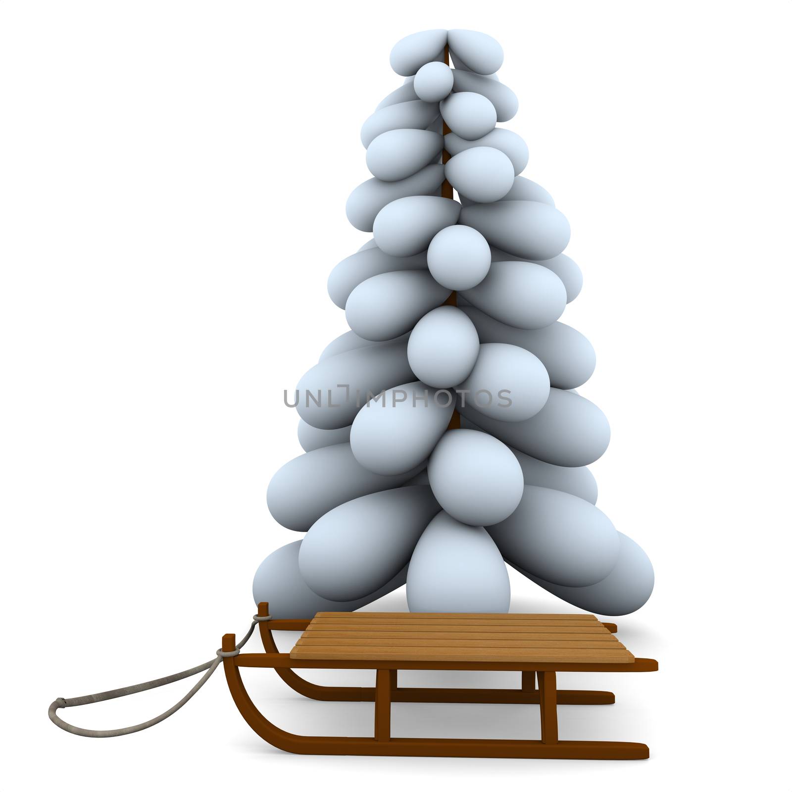 White christmas tree with sledge isolated on white background