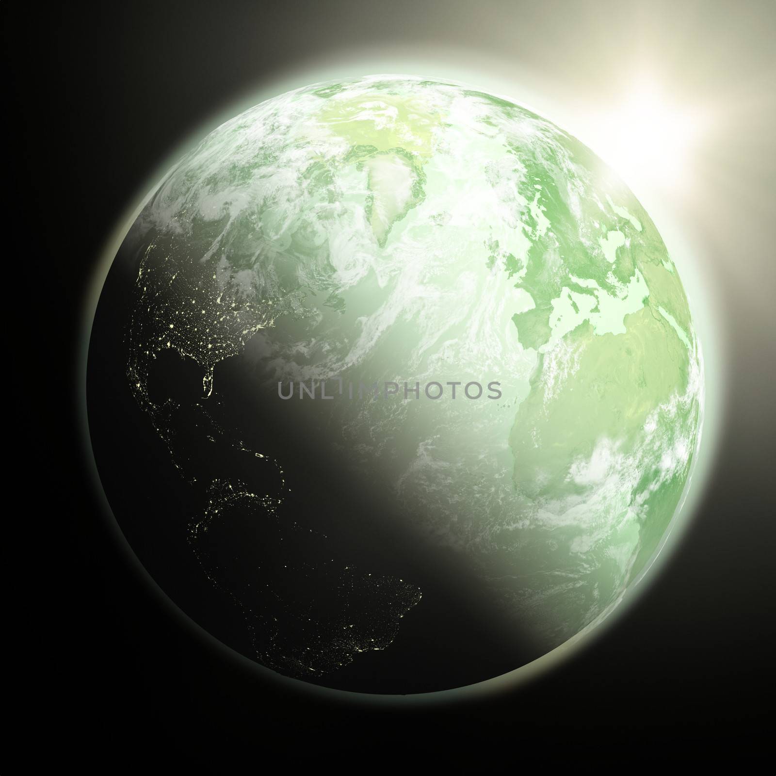 Space view of the sun rising over northern hemisphere on green planet Earth. Elements of this image furnished by NASA.
