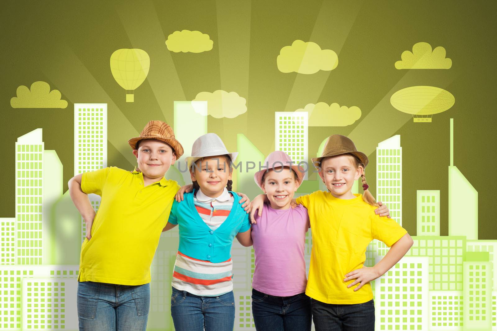 small group of children embraced by the shoulders and stand in a row