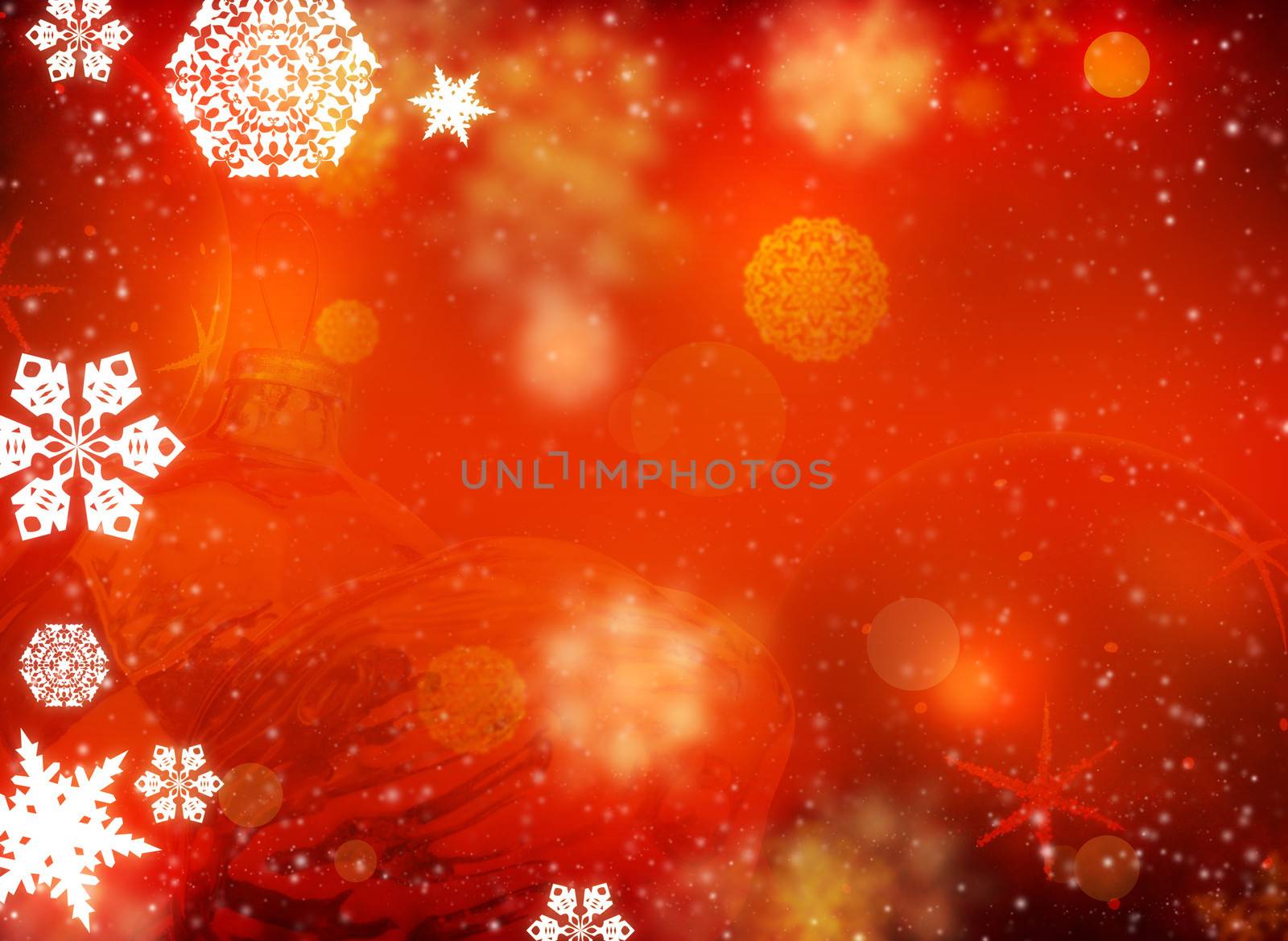 Christmas background. White snowflakes and Christmas decorations on a red background