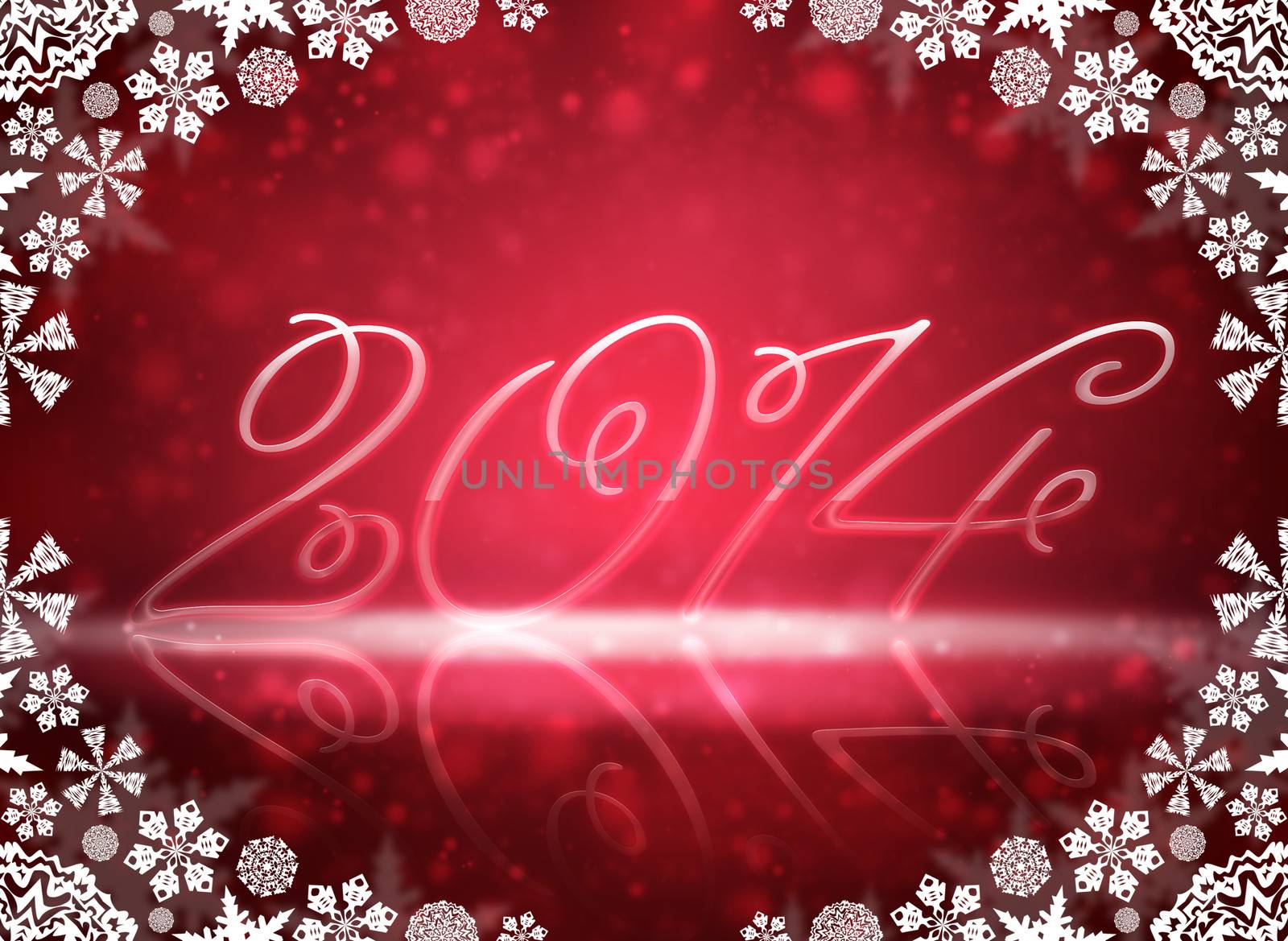 Christmas background. 2014 with reflections and snowflakes on a red background