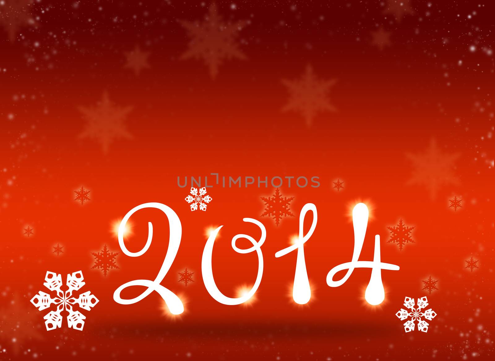 Christmas background. 2014 with reflections and snowflakes on a red background