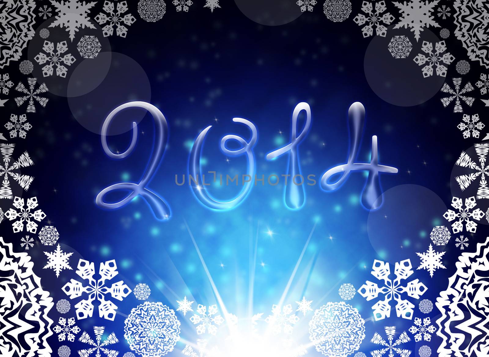 Christmas background is. 2014 with reflections and snowflakes on a blue background