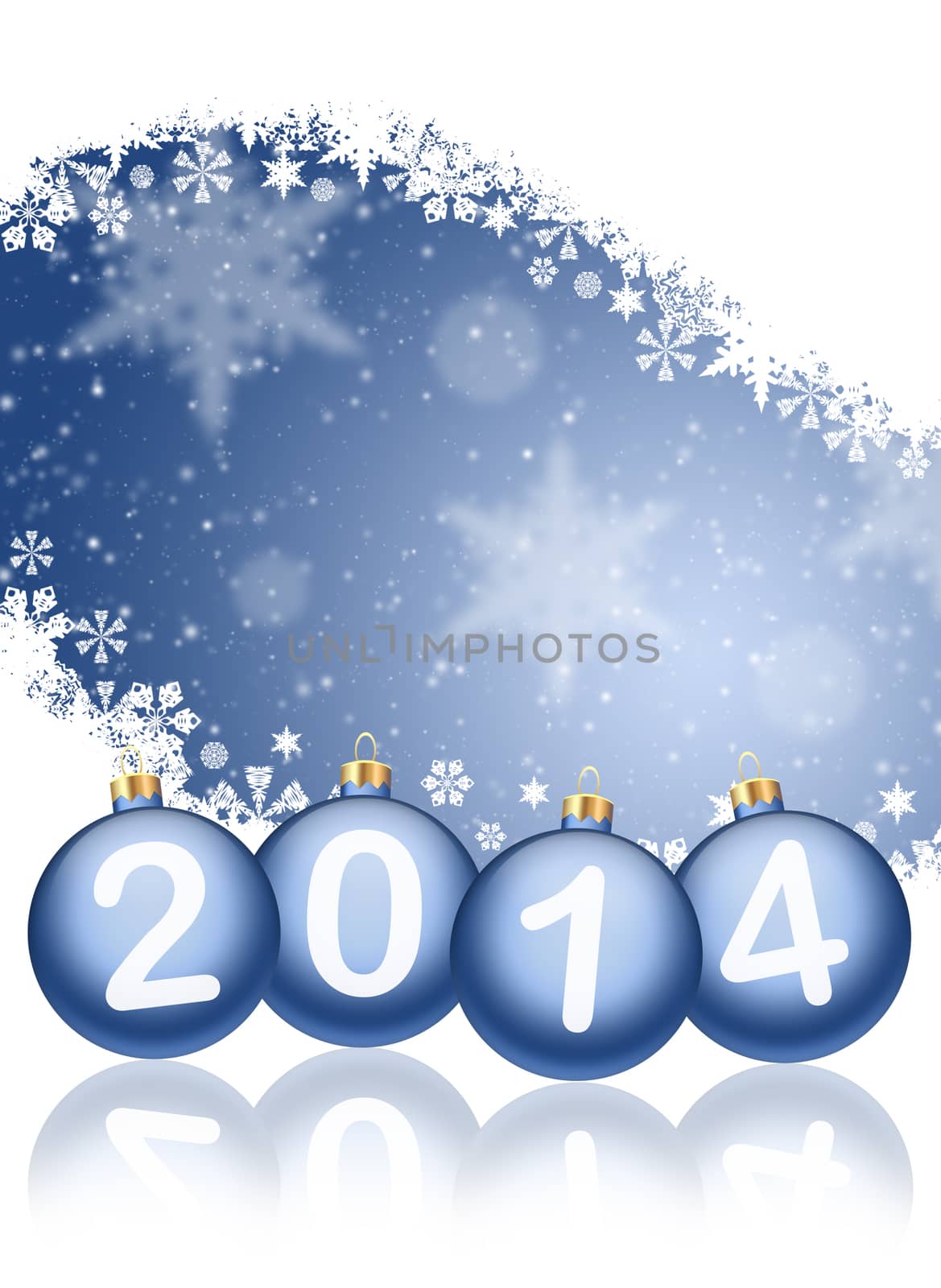 Christmas background. 2014 with reflections and snowflakes on a blue background