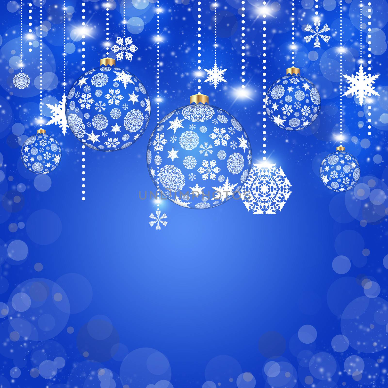 New Year's background. Christmas balls and snowflakes on a blue background