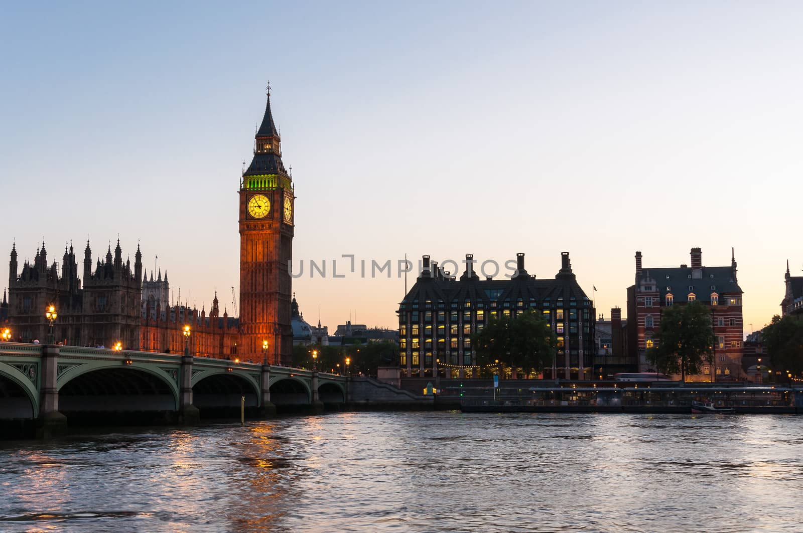 Big Ben and Westminster Bridge in London at dusk, Great Britain